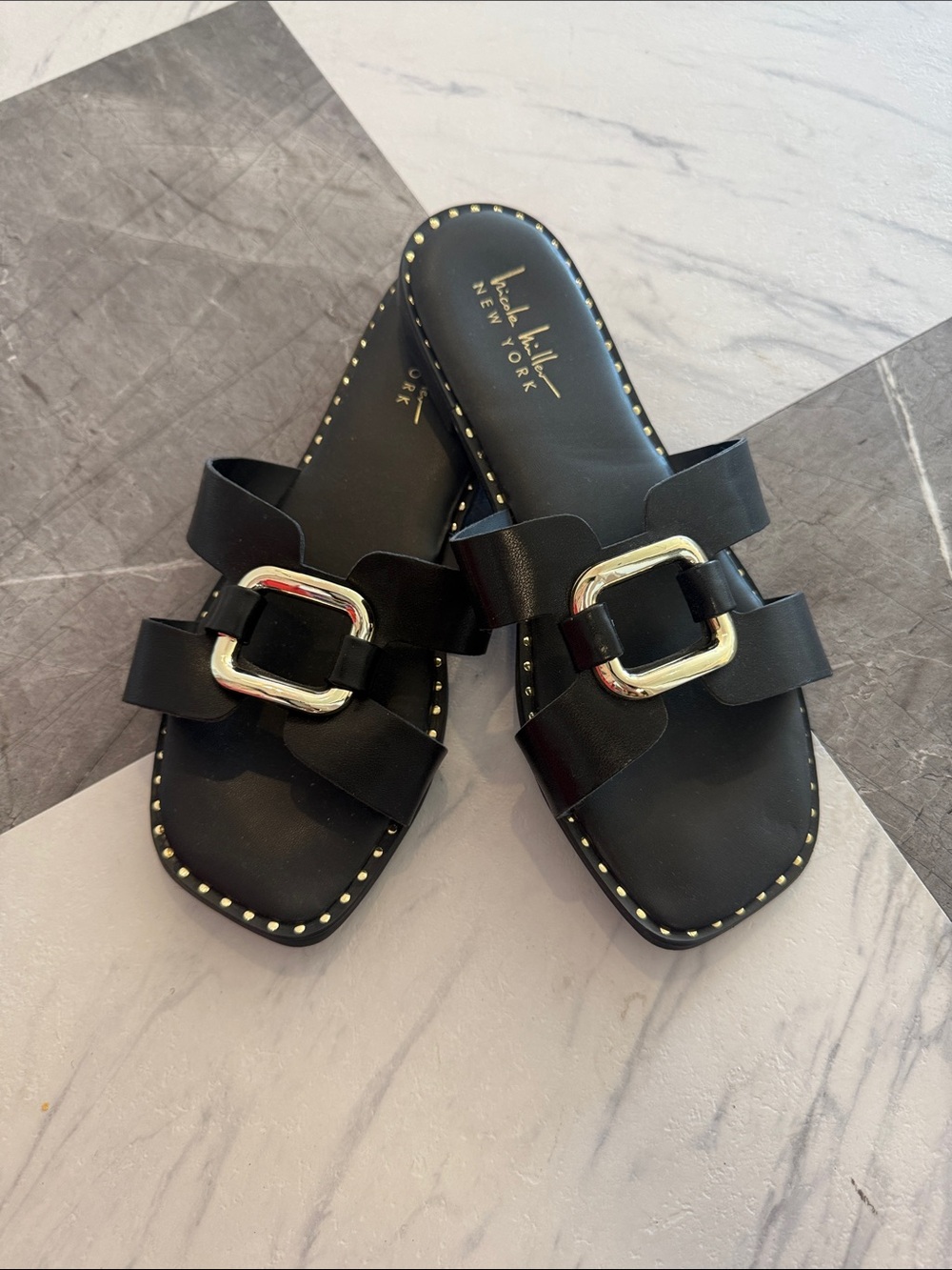 Vaneli New York Black Buckle Slide Sandals